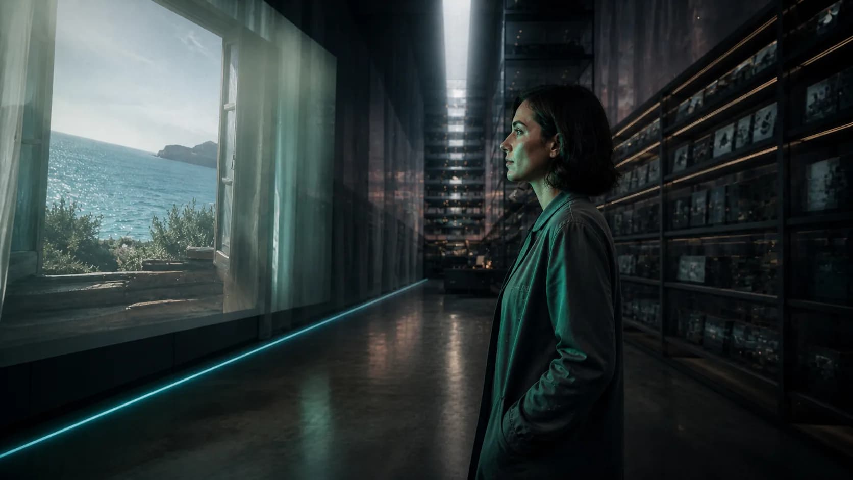A creator exploring a visual archive with a coastal scene